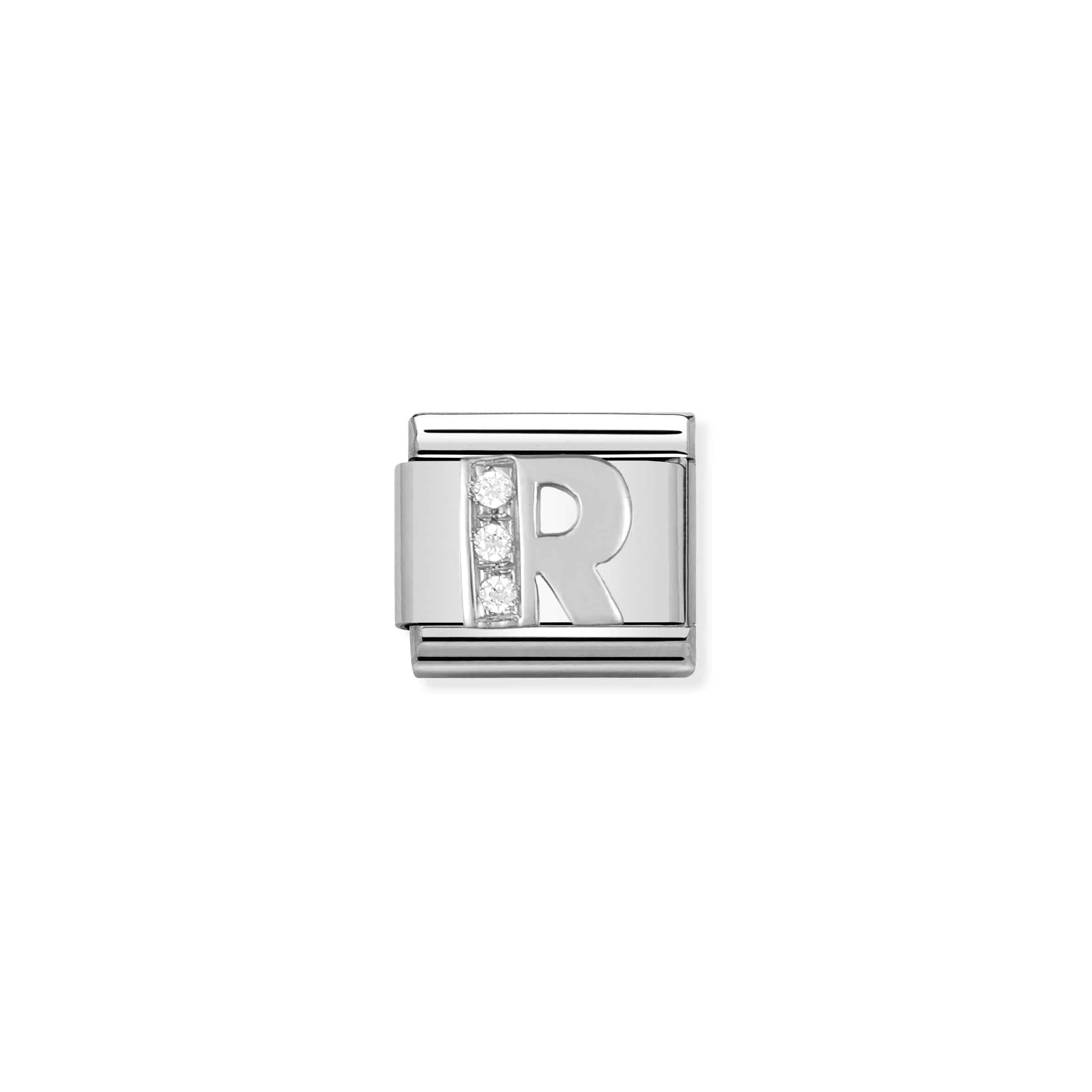 Charm, Composable Link, Letter R in Silver and Stones - Nomination Qatar Charm, Composable Link, Letter R in Silver and Stones