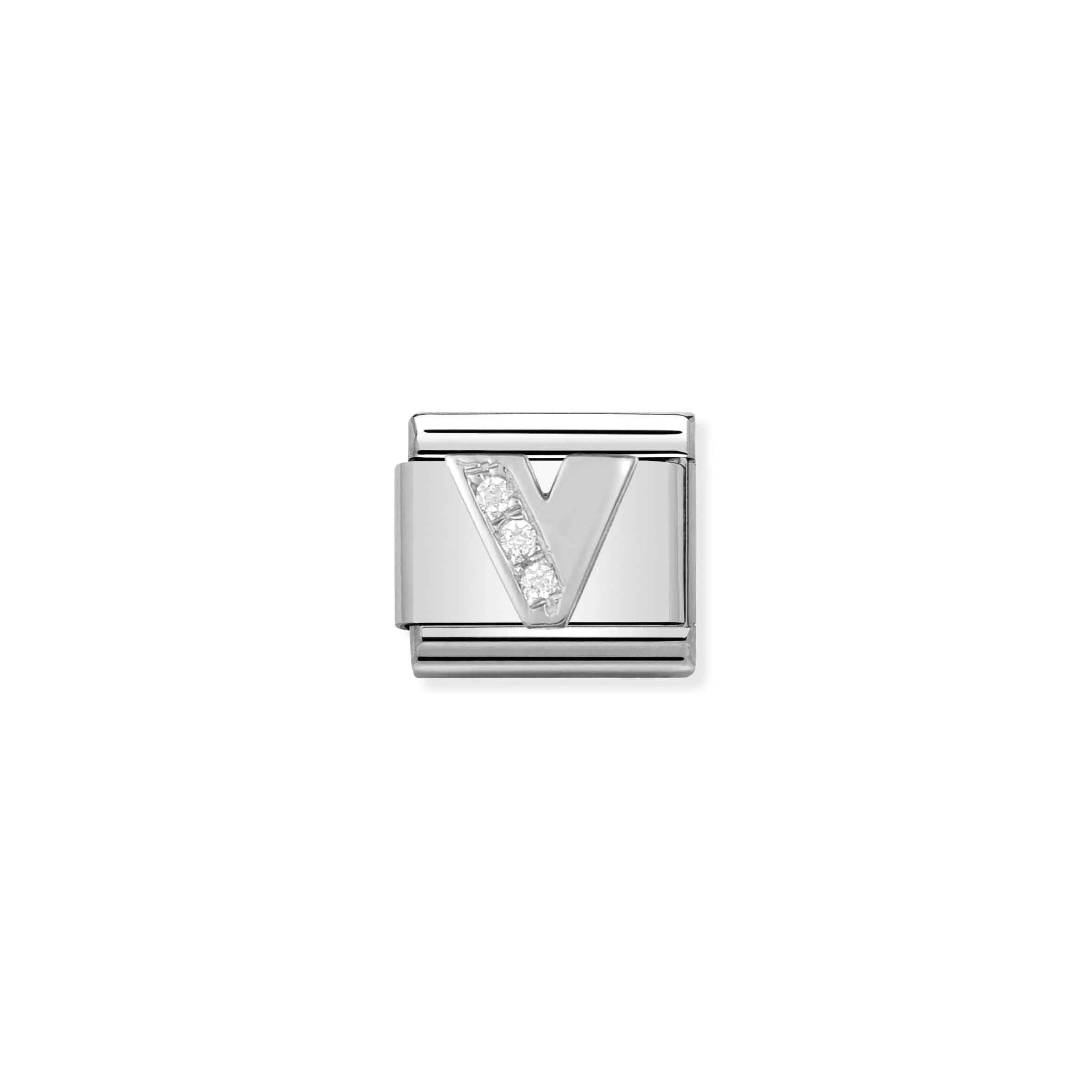 Charm, Composable Link, Letter V in Silver and Stones - Nomination Qatar Charm, Composable Link, Letter V in Silver and Stones