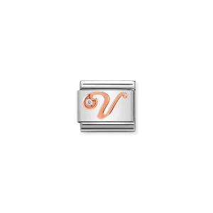 Charm, Composable Link, Letter V in Rose Gold and Cubic Zirconia